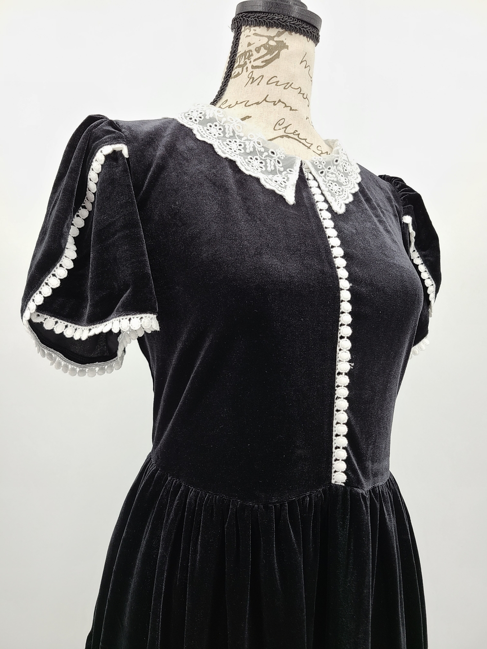 Modcloth Black Velvet Midi Dress with White Lace Trim Size 16 - Picture 3 of 14